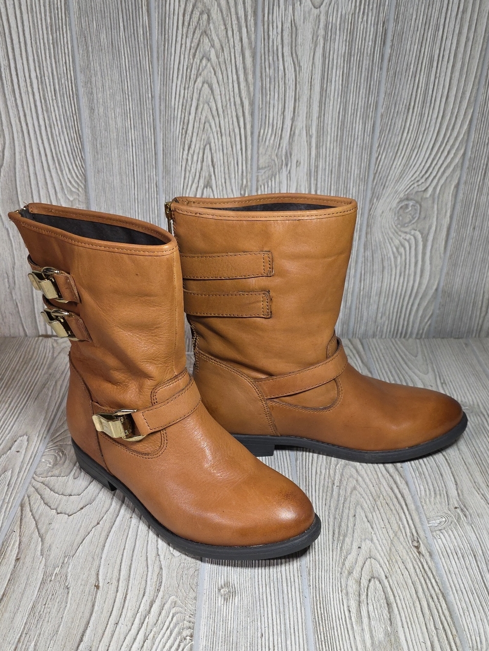 Steve Madden Brown Leather Side Buckle Moto Boots Womens Size 38 US Size 7.5-8